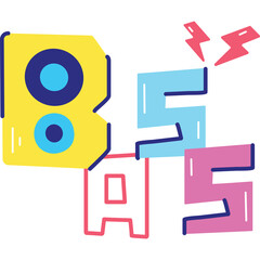 Bold Graphic Text Elements Spelling BAS With Electric Sparks And Speaker Icon Representing Sound And Music In Vibrant Blue Yellow Pink And Teal Colors With Transparent Background