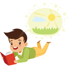 Boy Reading A Book Imagining A Sunny Day With Green Grass And Clouds In A Bright Yellow Sky Surrounded By Sparkles And Stars