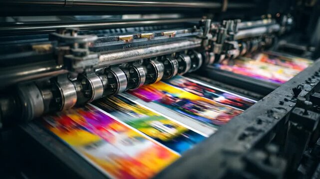 Medium shot of a printing press producing vibrant mail pieces with personalized names and dynamic offers highlighting advanced variable data printing technology.
