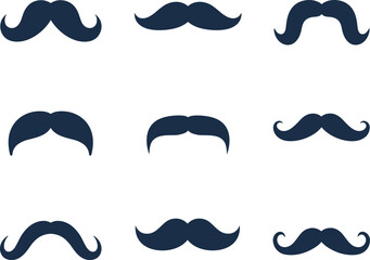Stylized mustache vector set, dark blue silhouette icons, retro facial hair styles, hipster grooming elements, vintage barbershop design collection