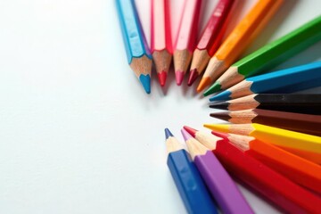 Fototapeta premium Vibrant Colored Pencils Arranged in a Circular Pattern on a White Surface, Representing Creativity and Artistic Expression