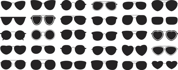 Sunglasses silhouette collection vector, various eyewear shapes and styles, fashion accessory design set, black sunglasses icons, modern eyewear illustration isolated on white background
