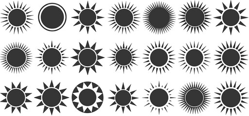 Stylized sun icon set, black vector sunburst collection, abstract solar symbols, decorative sun rays, minimal graphic elements, radial sun shapes