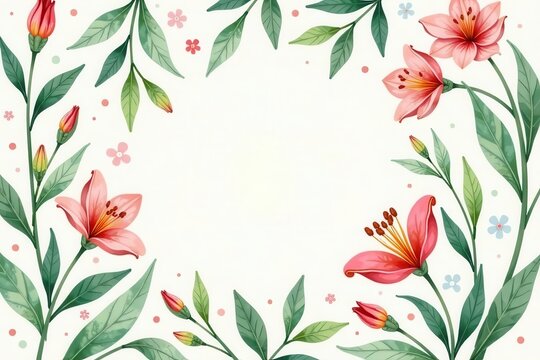 Elegant Floral Frame with Delicate Blooms and Lush Greenery, Perfect for Springtime Invitations or Festive Announcements