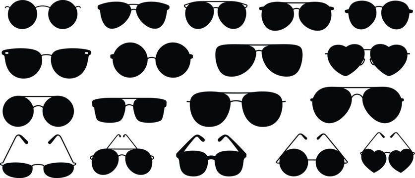 Sunglasses silhouette collection, trendy eyewear shapes, fashion accessory vector, stylish glasses design, black outline frames, modern optical illustration, icon set