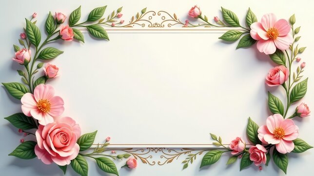 Elegant Floral Frame with Delicate Pink Roses and Blooms, Perfect for Wedding Invitations or Romantic Announcements - Powered by Adobe