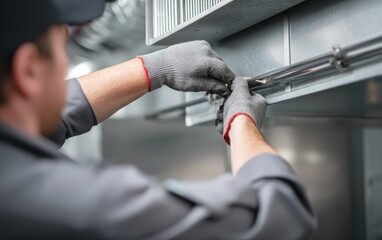 Technician's Close Up Focused Shot on Gloved Hands During Maintenance Work A Mechanic's Hands Performing Repair Inside Industrial Setting