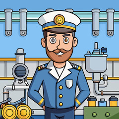 Marine engineer in uniform smiling inside a ship engine room