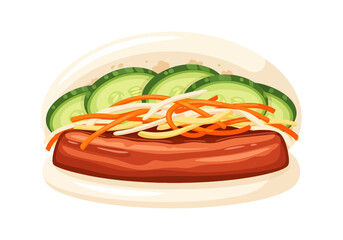 An appetizing vector illustration of a traditional Taiwanese gua bao steamed bun filled with savory glazed meat, fresh cucumber slices, and shredded carrots, isolated on a clean white background
