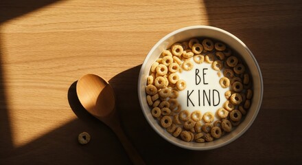 Cereal Bowl with Kind Message: A heartwarming scene with a cereal bowl carrying a message of 'be kind', symbolizing the simple pleasures of breakfast and thoughtful acts.