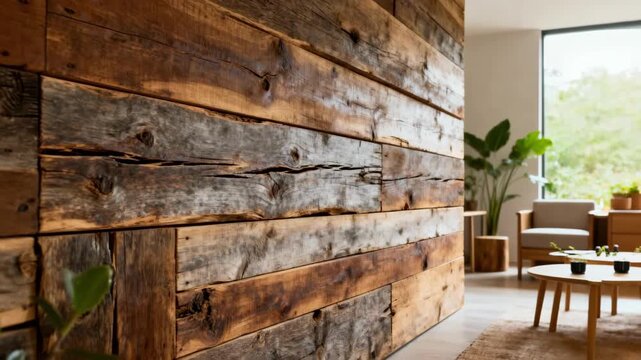 Medium shot of reclaimed wood wall planks with rich patina emphasizing rustic charm in sustainable decor settings.