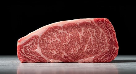 Premium beef cut displaying exquisite natural marbling. Delicate fat weaves through lean muscle, promising a rich, tender, and flavorful culinary experience ,delicious ,fresh ,close-up