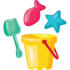 Bright Yellow Beach Bucket With Red Handle And Teal Shovel Surrounded By A Pink Fish Mold And A Blue Star Mold On Transparent Background