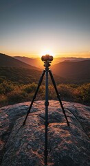 Professional photography tripod stands sturdy on rugged terrain, capturing breathtaking natural landscapes and serene outdoor beauty at sunrise ,travel ,dusk ,clear