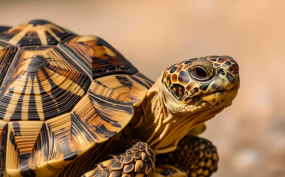 Tortoise with patterned shell, suited for reptile pets. Highlights slow movement for terrarium longevity visuals