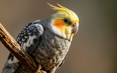 Fototapeta premium Cockatiel with crest, perfect for intelligent parrots. Showcases gray feathers for companion bird visuals