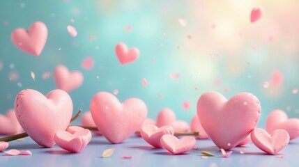 A whimsical display of delicate pink hearts, softly illuminated, conveying gentle affection and romantic sentiments amidst a serene and ethereal backdrop of pastel hues and floating petals.