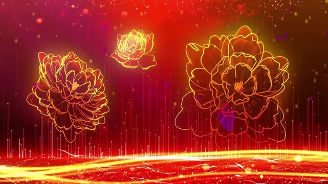 Particle blooms, beautiful ocean atmosphere, red gold, festive background