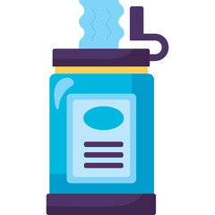 Blue Metal Water Bottle with Purple Lid Emitting Steam Against a White Background Detailed Flat Illustration