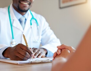 Doctor consulting with patient, writing on clipboard, smiling.