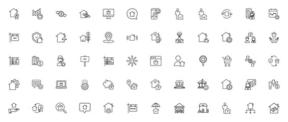 Real Estate icon set. Vector illustration. Includes ymbols for home, property,investment, agent, loan, lcation, search, insurance nd more. Editable stroke.