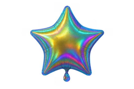 Foil balloon in star shape reflecting a spectrum of iridescent colors, ideal for birthdays, anniversaries, and holidays on transparent background