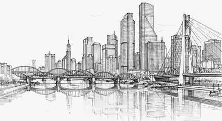 Fototapeta premium Architectural riverside skyline sketch featuring tall modern towers rising along a reflective waterfront with clean linear detailing.