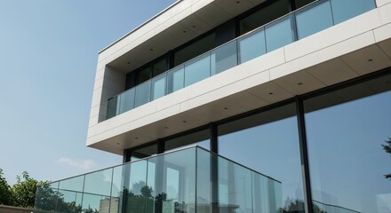 Naklejka premium Modern Architectural Marvel: A contemporary building's sleek glass facade reflecting the clear sky, emphasizing minimalist design and architectural brilliance.
