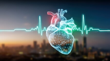 Heart health monitoring technology urban landscape digital art medical innovations vibrant city view cardiovascular wellness