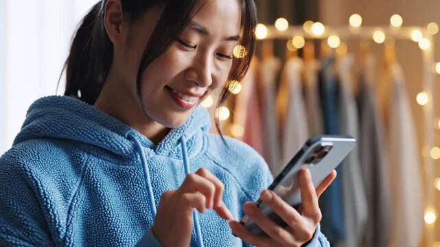 A smiling woman in a blue hoodie uses a phone, clothes rack, string lights in soft focus