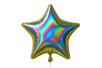 Shimmering holographic star-shaped foil balloon floating, displaying vibrant iridescent colors and reflections. Transparent background