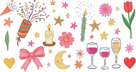 Party Celebration Element Collection | Hand Drawn Festive Doodle Set with Confetti, Drinks, and Decorative Symbols for Greetings and Event Design