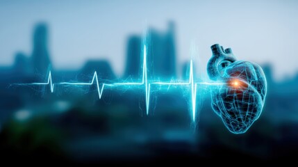 Heartbeat monitoring technology displayed against urban background digital art futuristic environment close-up view health concept