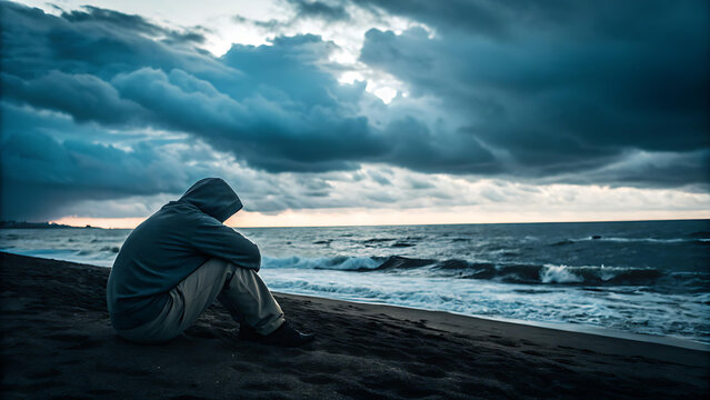 Contemplative figure sitting alone on a dark beach, gazing at the stormy ocean, finding solitude and peace in nature's powerful display of emotion