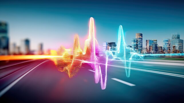 Dynamic soundwave visualization urban landscape digital artwork nighttime cityscape aerial perspective fusion of technology and art - Powered by Adobe