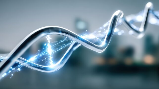 Dynamic dna helix representation urban environment digital art futuristic atmosphere close-up view genetic innovation for modern science