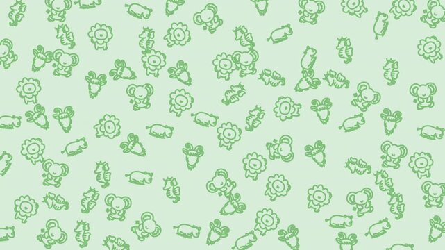 Charming animal pattern featuring lions, elephants, hippos, seahorses, and goats in a sweet, pastel green color scheme perfect for nurseries