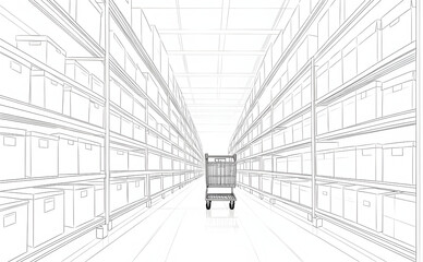 Empty shopping cart aisle warehouse retail store bulk boxes pallet shelving perspective minimal bright reflective floor