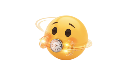A conceptual 3D illustration of a dizzy emoji with a clock for a mouth, symbolizing the stress and anxiety of deadlines and time management