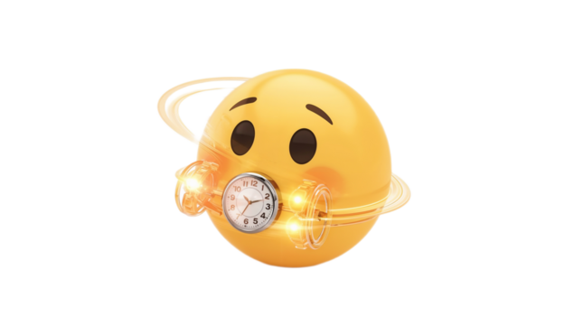 A conceptual 3D illustration of a dizzy emoji with a clock for a mouth, symbolizing the stress and anxiety of deadlines and time management