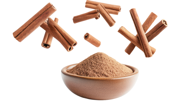 Cinnamon sticks and powder in a bowl isolated on transparent background