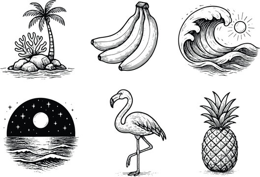 Hand-drawn tropical vintage illustration set with wave banana flamingo pineapple palm tree and night ocean scene