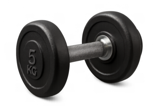 Black 5 kg dumbbell for fitness training at the gym, representing weightlifting, strength, and a healthy lifestyle