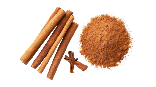 Cinnamon sticks and ground cinnamon spice isolated on transparent background