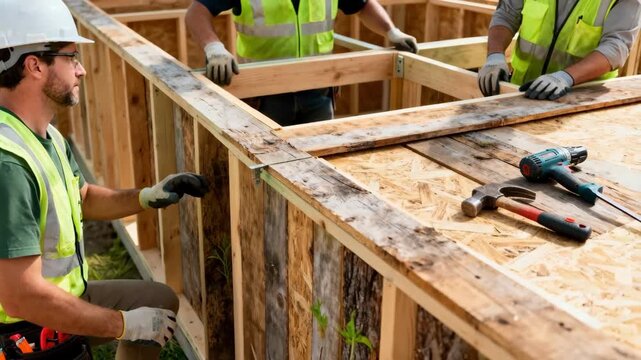 Workers in protective gear assembling sustainable building frames using reclaimed wood emphasizing resourceefficient construction methods in ecofriendly projects.