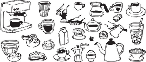 Coffee and Tea Doodle Collection | Hand-Drawn Sketch of Coffee Makers, Teapots, Cups and Accessories for Cafe Menu, Drink Recipes and Food Illustrations