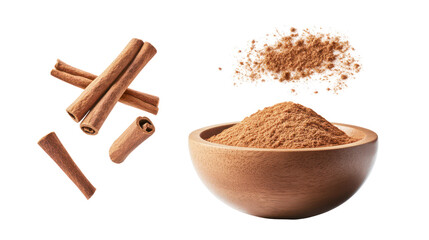 Cinnamon sticks and ground cinnamon in a wooden bowl isolated on transparent background