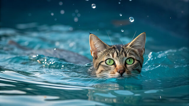 Adorable tabby cat swimming gracefully in clear water, showcasing vibrant green eyes and playful charm, perfect for pet lovers and animal enthusiasts