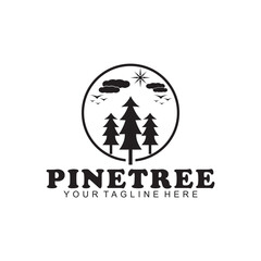 black pine tree vector logo decorated with clouds and sun
