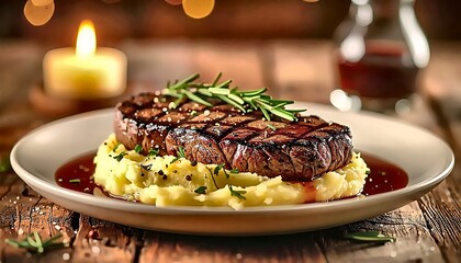 Gourmet Filet Mignon with Rosemary and Creamy Mashed Potatoes, Candlelit Dinner